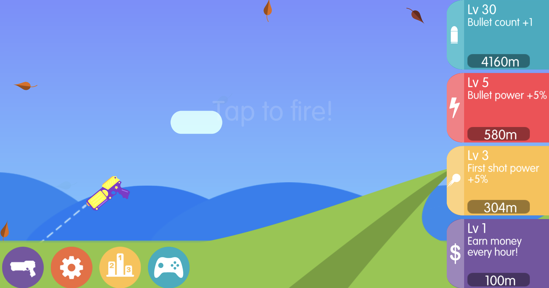 Kickback Dash Upgrade Interface showing Bullet Count, Bullet Power, First Shot Power, and Earn Money Every Hour upgrades.